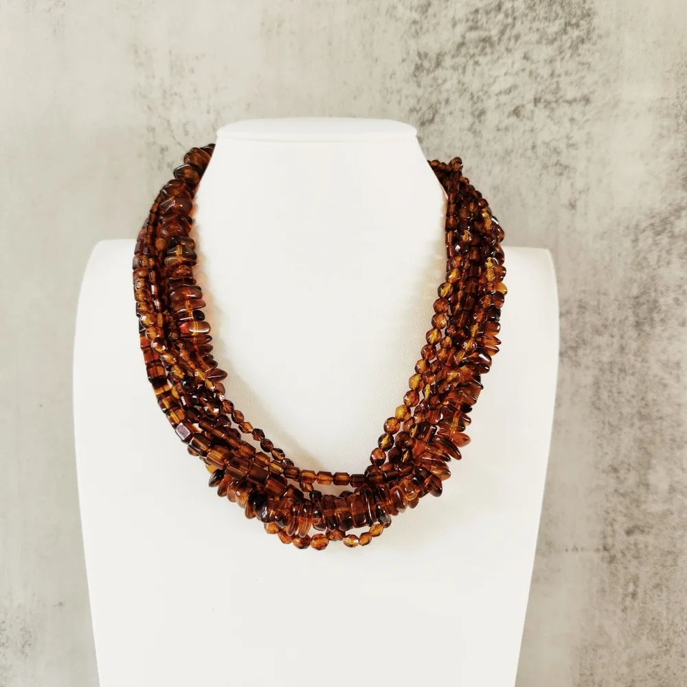 Multistrand Amber Colored Acrylic Beaded Statement Necklace